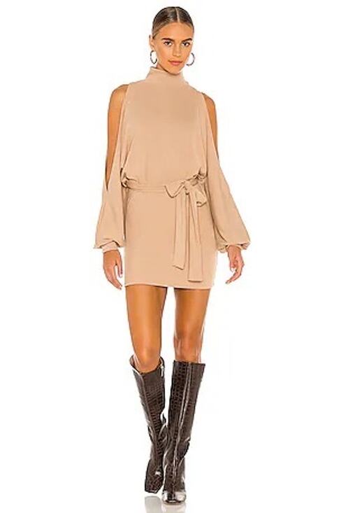 Lovers + Friends Dresses & Skirts - Lovers and Friends Tan Brown Gloria Open Shoulder Mock Neck Mini Dress Small